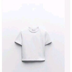 Zara Cropped T Shirt Mid Wheit Round Neck Slim Fit Nylon Short Sleeve 2335 159 S